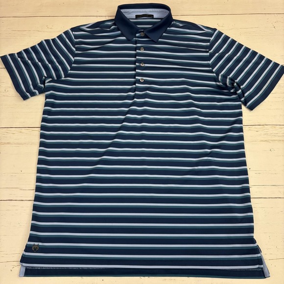 GREYSON Polo Shirt Mens L Blue Striped Logo Short Sleeve Performance Golf
